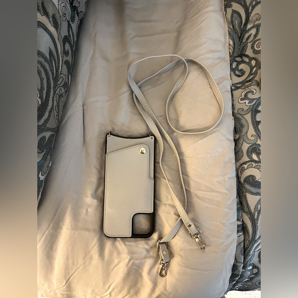 Gray leather crossbody iPhone 12 case